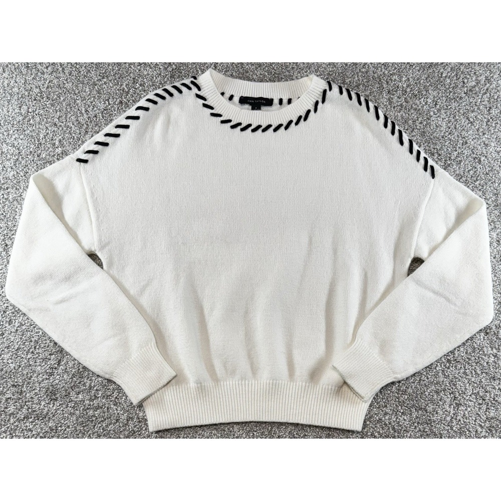 Ann Taylor Whipstitch Sweater Womens Medium White & Black Soft Pullover MINT